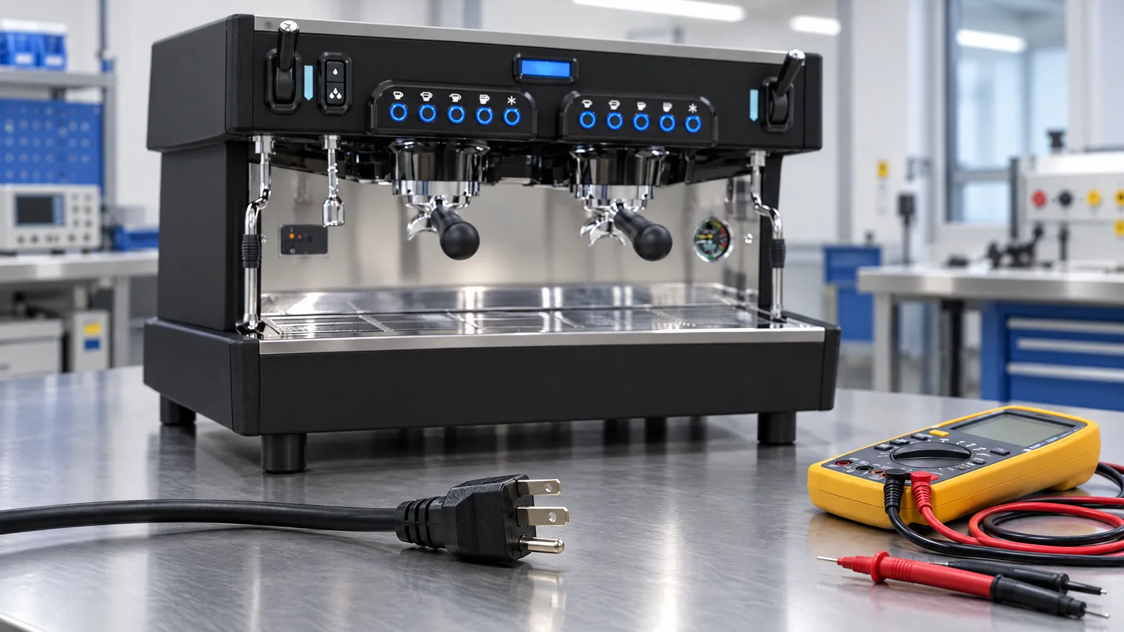 A two-group Carimali traditional machine on a lab bench, with a North American three-prong plug and a multimeter in the foreground